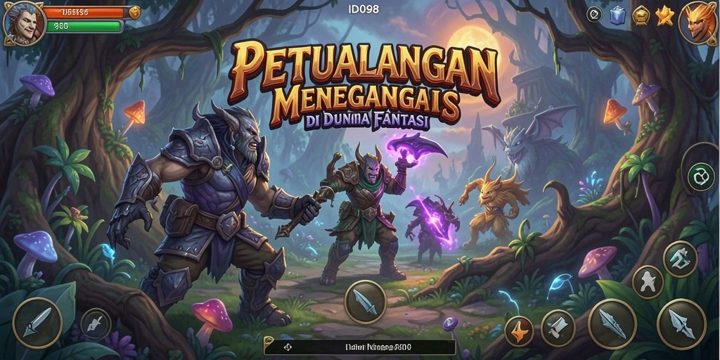 Tampilan gameplay <strong>ID098</strong> dengan karakter penjelajah di dunia petualangan yang megah.
